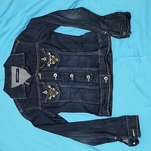 Clash Jeans Jacket. Jewel peace sign, decorative stitching. Sz S